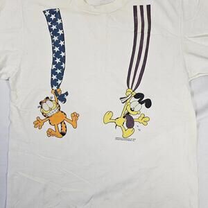 Vintage 78' Garfield & Odie Ivory Cotton America Graphic T-Shirt XL USA *stains*
